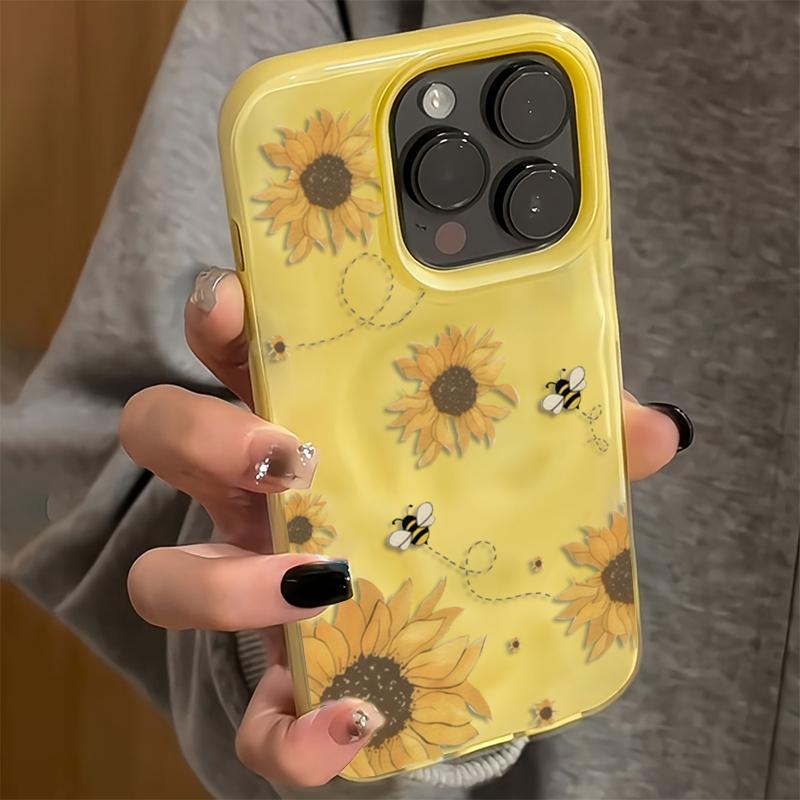 Sunflower Bee Illustration Pattern Phone Case for Iphone 17 Air 16 16e 15plus 14 13 12 11 Pro Max Simple Wrinkled Texture Cover