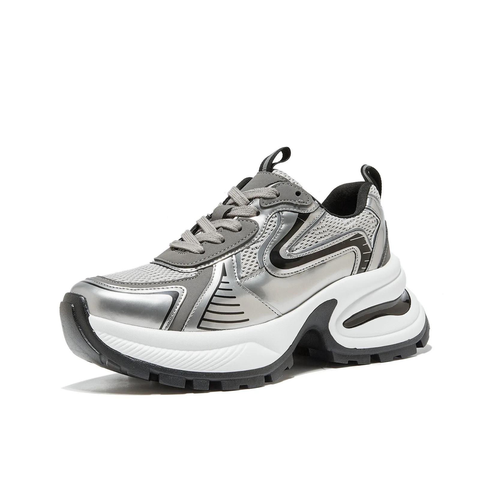 

Весенне-летняя обувь Женские модные кроссовки Дышащая сетчатая обувь Увеличение высоты 6 см Серебряный бренд Женские кроссовки 40 серебряный