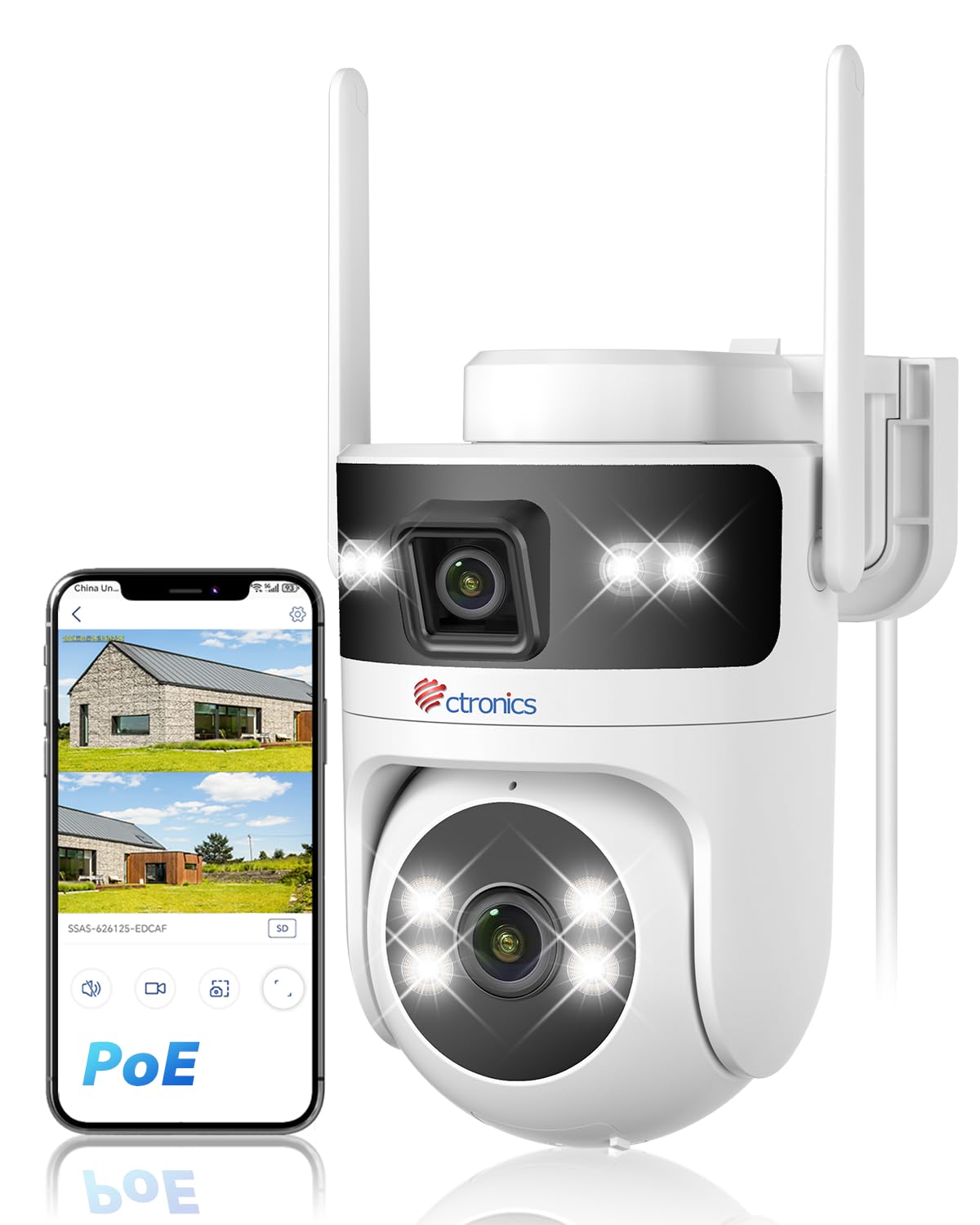 

Ctronics Dual-Lens Outdoor Security Camera PoE 2.4/5GHz WiFi Auto-Tracking NVR ONVIF Color Night Vision 128GB SD Cloud Recording AI Human Detection