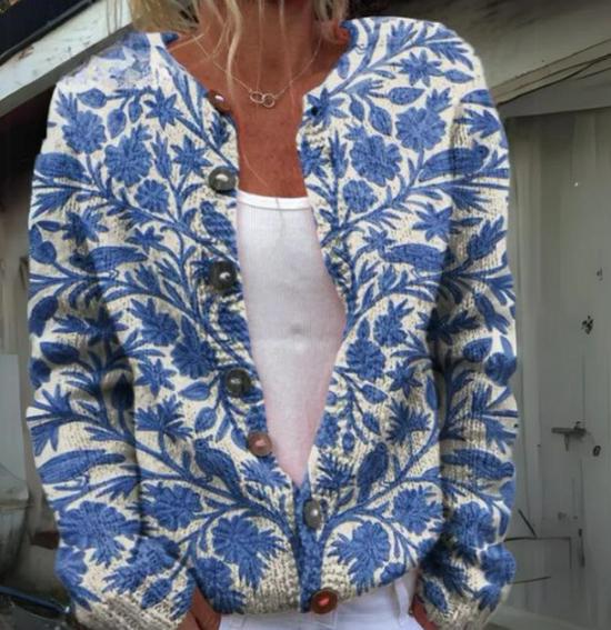 Women's Loose Fit 3D Print Round Neck Long Sleeve Cardigan Sweater