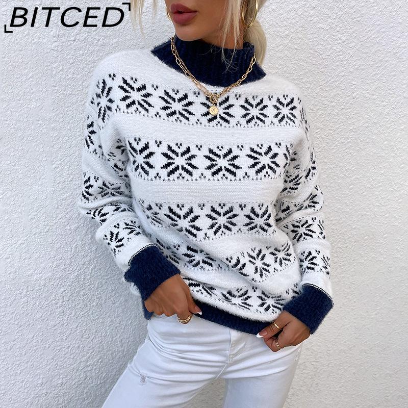 BITCED Autumn/Winter Women's Knitted Sweater with Half-High Neckline and Christmas Snowflake Pattern