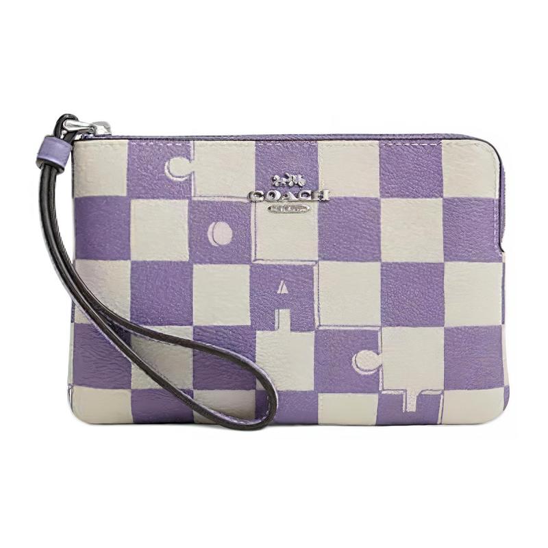 COACH Corner Zip 16 Checkerboard Print Zip Closure Faux Leather Clutch Small Women s Violet and Chalk White белый