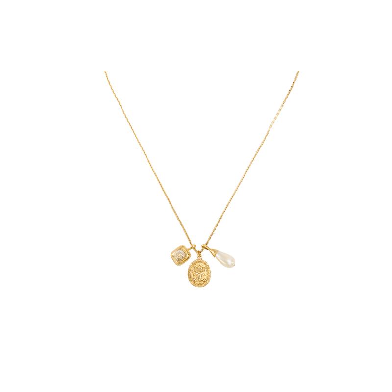 CHANEL Metal Artificial Pearl Rhinestone Crystal Gold Necklace Unisex Gold/Pearl White