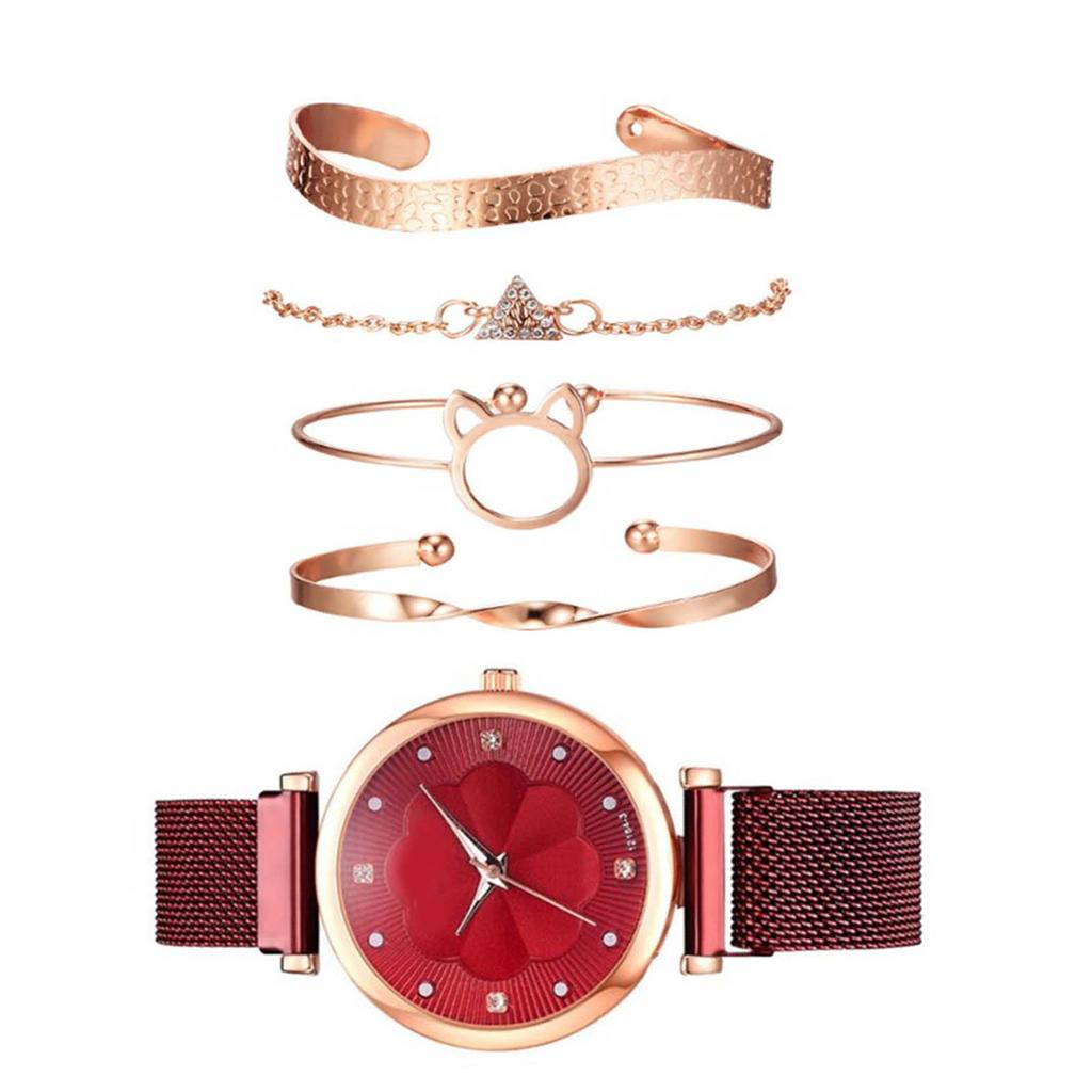 5pcs Bangle Watch Set Quartz Alloy Elegent High Glossy Daily Accessories Jewelry Set with Storage