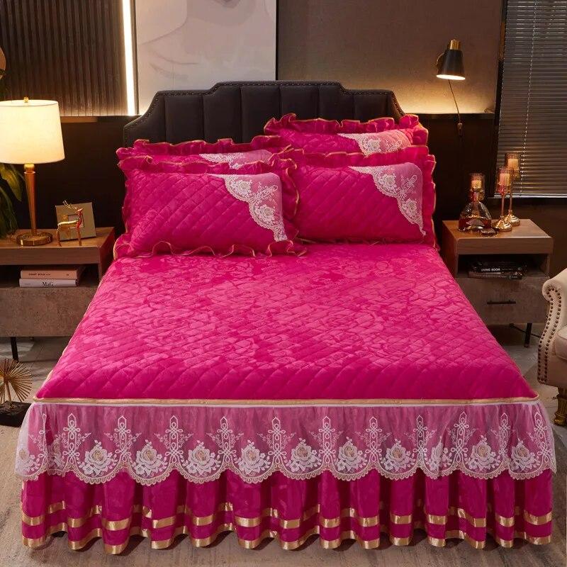 Winter Coral Fleece Zipper Removable Luxury Bedspread King Queen Thicken Velvet Quilted Bed Skirt Not Including Pillowcase
