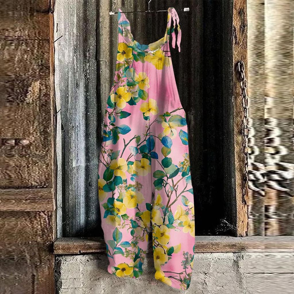 Women's Jumpsuit  Print Casual Loose Vintage Shoulder Strap Cotton Linen