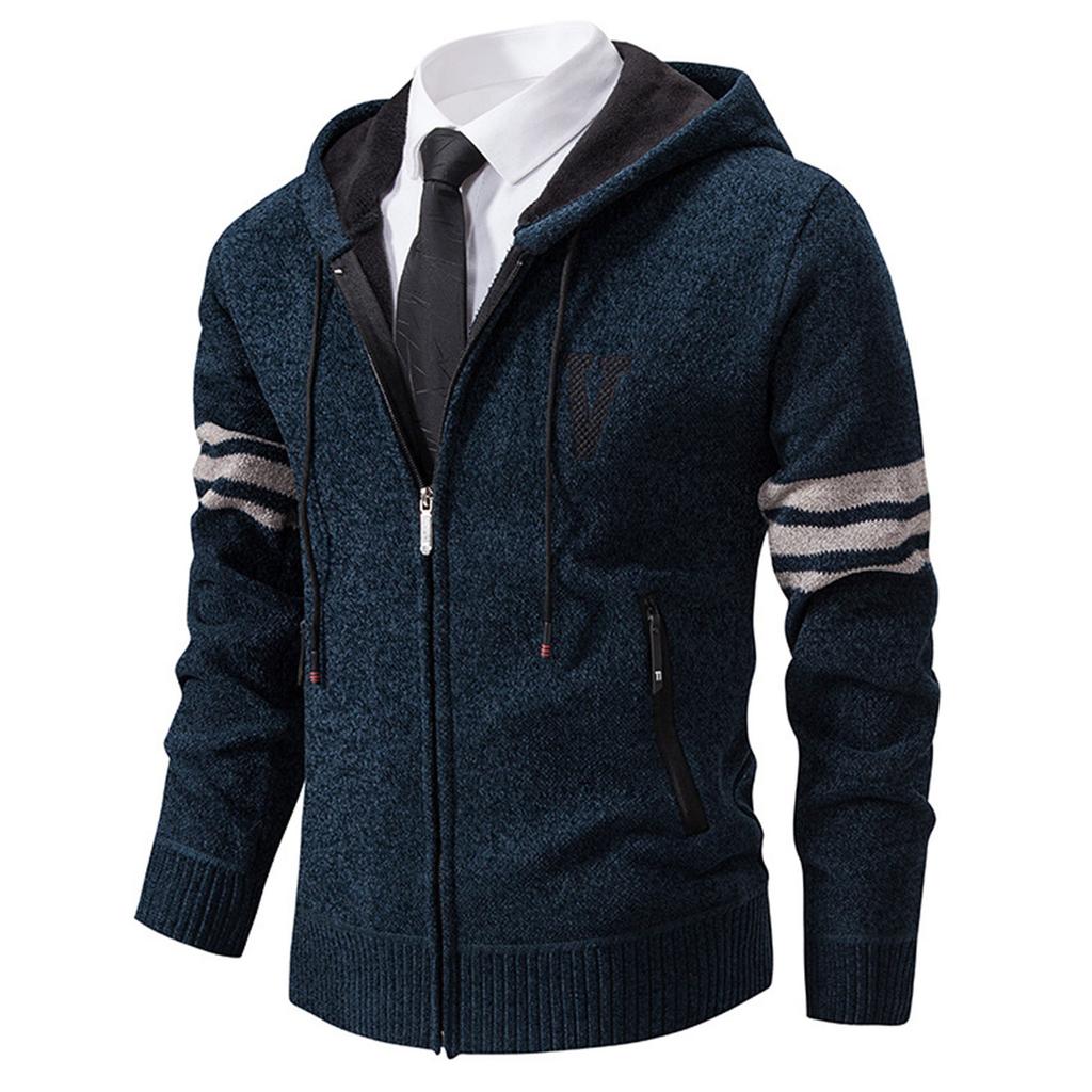 Herren Einfarbig Lässiger Pullover Strickjacke Jacke Herren Kapuzenplüsch Verdickte Pulloverjacke