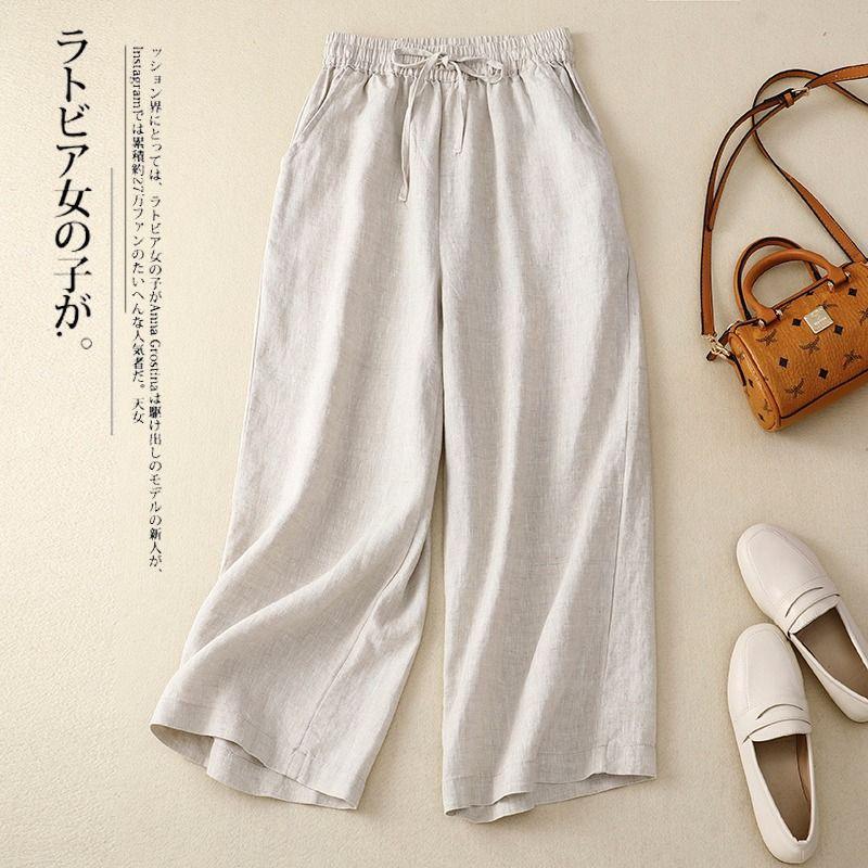 Cotton and Linen Wide-leg Pants Women Summer Retro Elastic Waist Ankle-Length Pants Lace-up Solid Versatile Loose Casual Pants