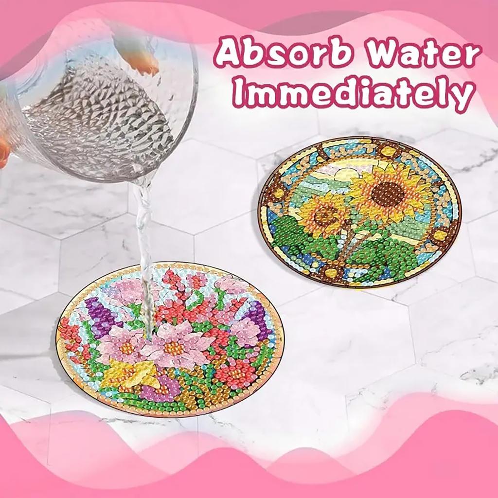 8-teiliges Set mit Blumen- und Pflanzenuntersetzern in Diamantmalerei mit Halter, DIY-Untersetzer für Anfänger und Erwachsene, Kunst- und Bastelbedarf als Geschenk