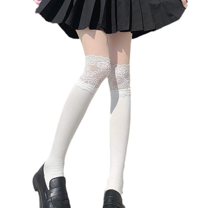 Lace Trim Lolita Mid-Calf Socks for Women – Sweet Thigh-High Style with Scrunched Look