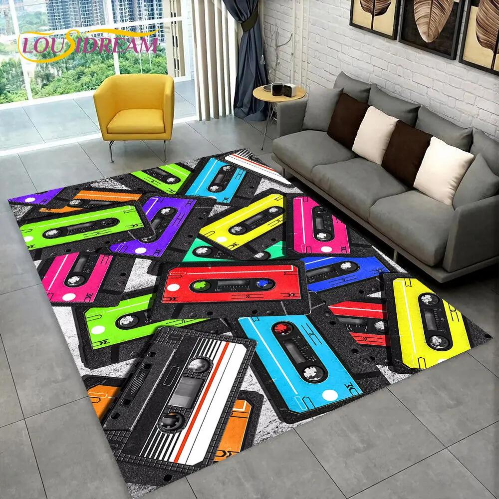 Alfombra de Área Grande con Patrón de Cinta de Cassette de Música Retro, Alfombra para Sala de Estar, Dormitorio, Sofá, Felpudo Decorativo, Felpudo Antideslizante