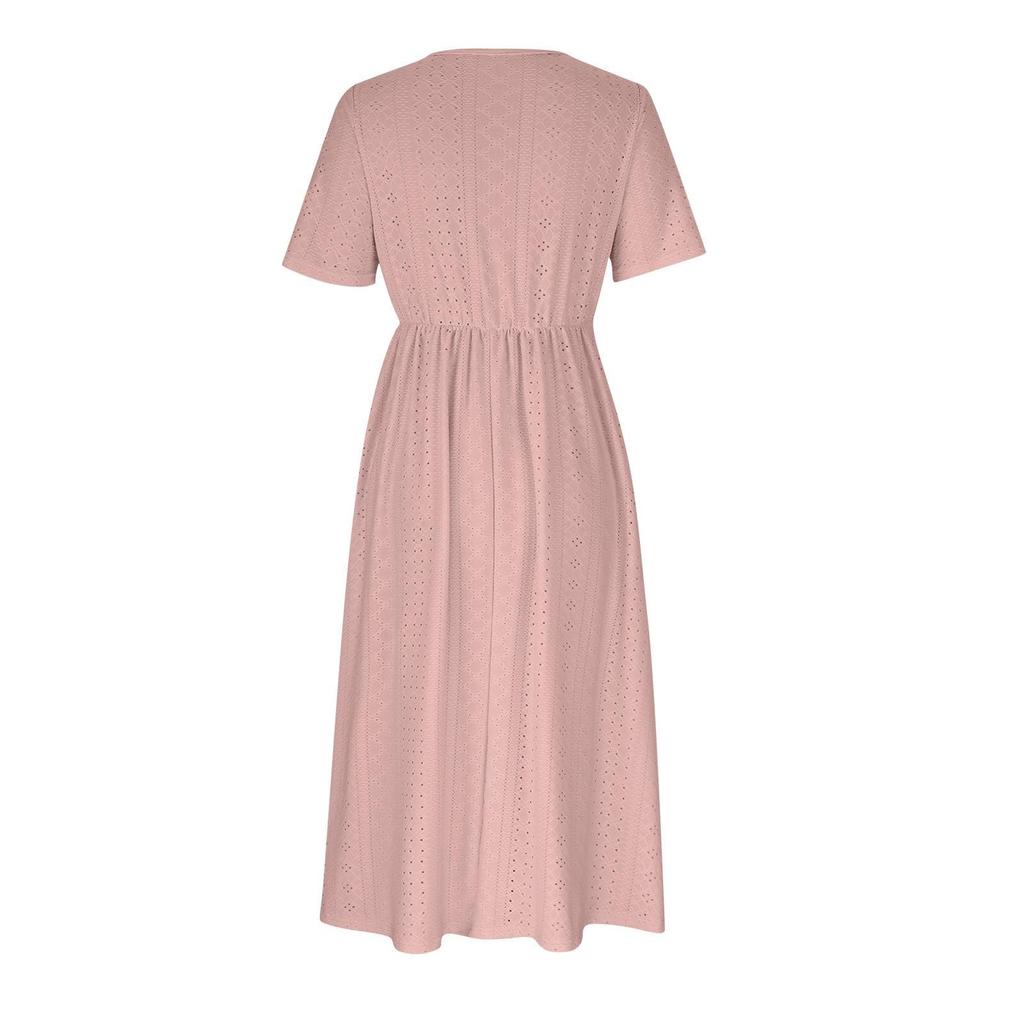 Women's Fashion Casual Solid Color Round Neck Short Sleeve Pocket Dress