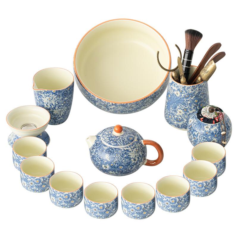 Flower tea set High-end set Household Ru kiln Kung Fu complete set of tea set Cover bowl Living room Tea business