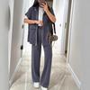 Women's Two Piece Outfit Casual Full And Wide Leg Pants Short Sleeve Shirt Set Casual