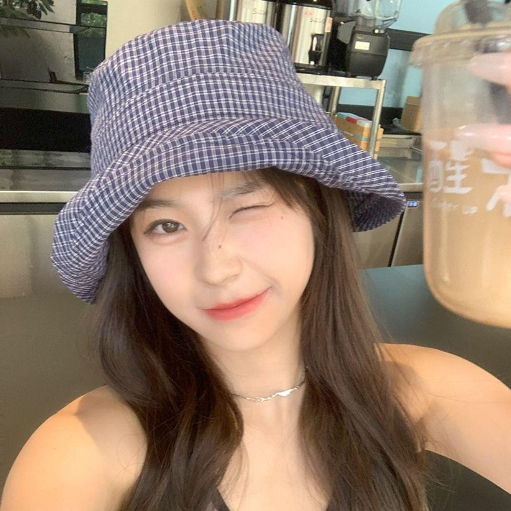 Quick-dry Plaid Sun Hat Curled Fisherman Caps Korean Plaid Bucket Cap  for Women