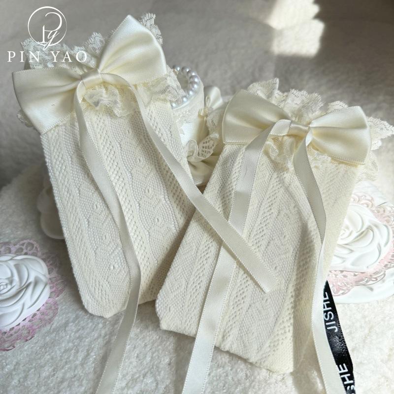 Socks spring and summer thin Lolita lace Korean version bow streamer lace long tube girl calf pile two wear