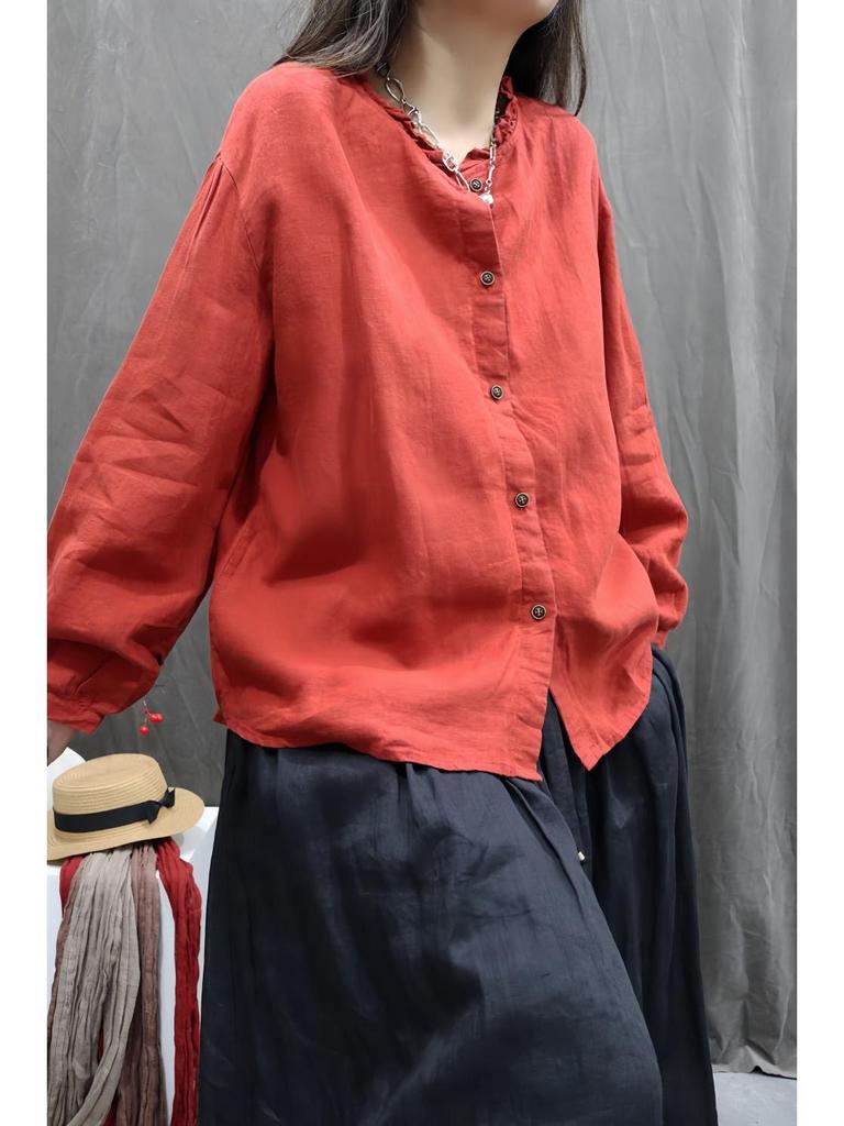 Spring 2025 Washed Cotton Linen Long Sleeve Casual Retro Loose Top