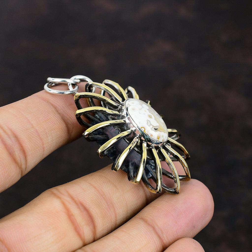 Ocean Jasper Pendant 925 Sterling Silver Pendant Handmade 18K Gold Plated Pendant Gemstone Jewelry Cage Pendant Gift For Her Elegant Jewelry