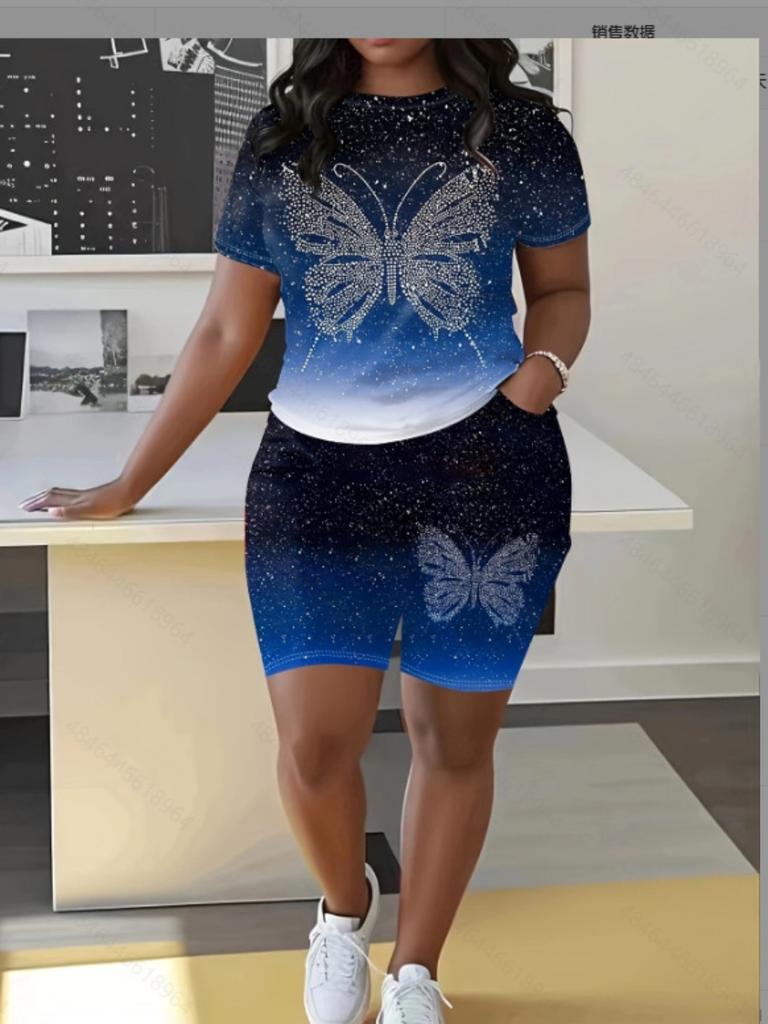 Fashion Casual Women's Shorts Short Sleeve Suit Gradient Letter Print Summer Suit T-shirt + Shorts 2 Pieces Sets