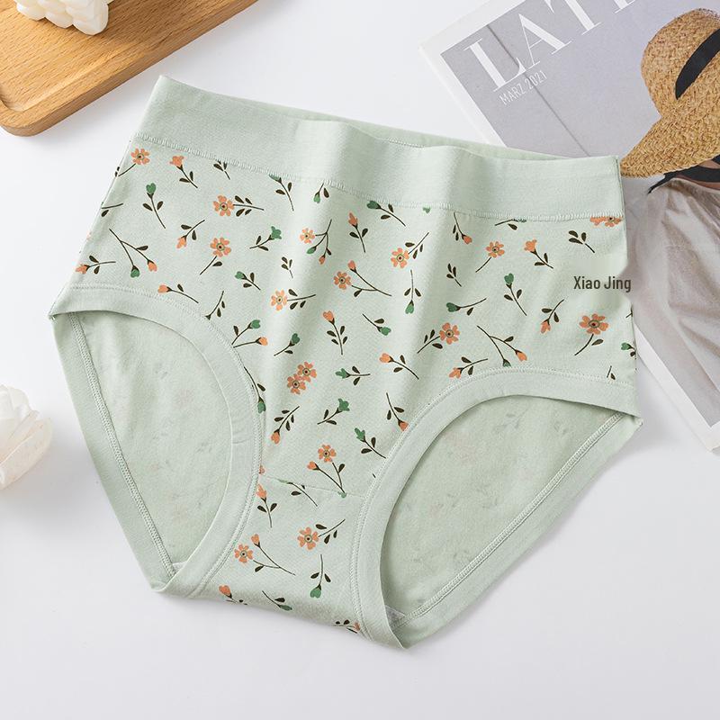 High-Waisted Cotton Printed Seamless Plus Size Antibacterial Briefs for Middle-Aged Women