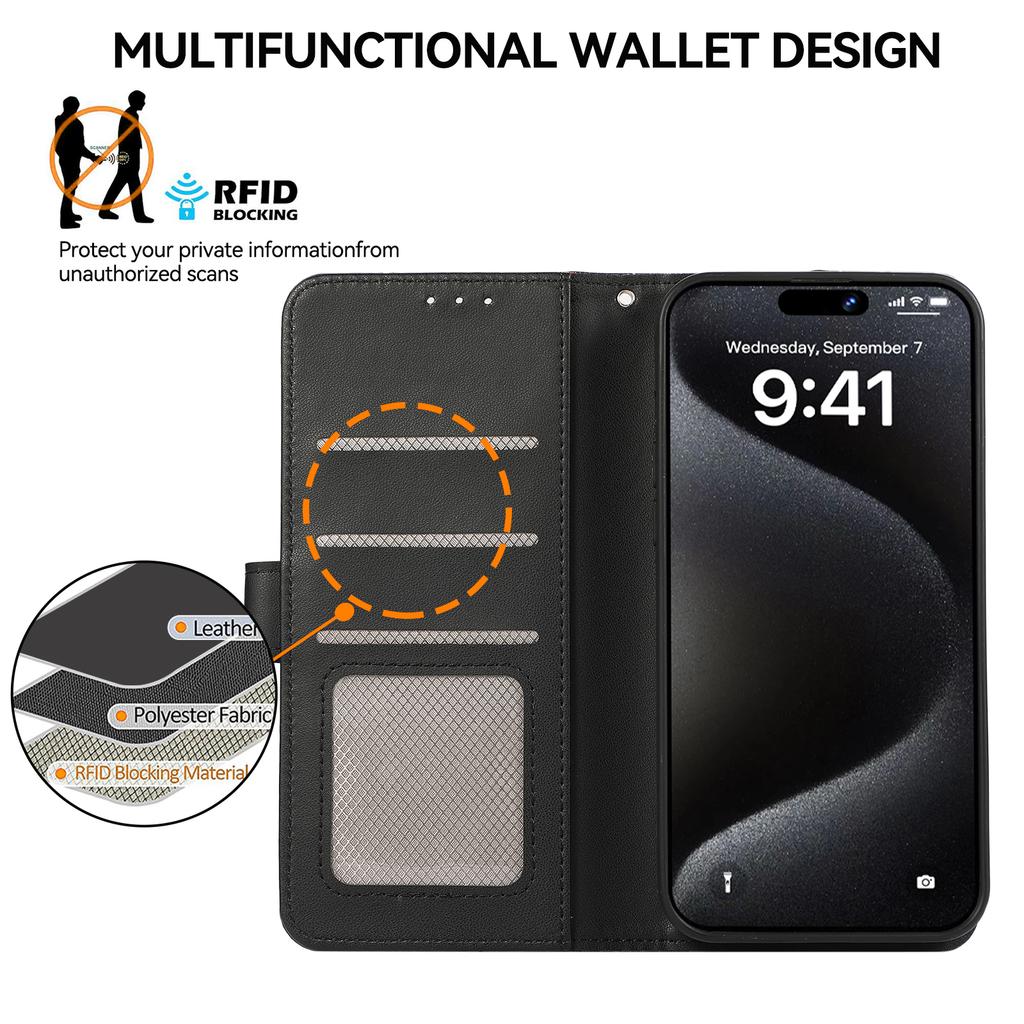 For iPhone 16 Case RFID Blocking Card Slots Leather Stand Phone Cover