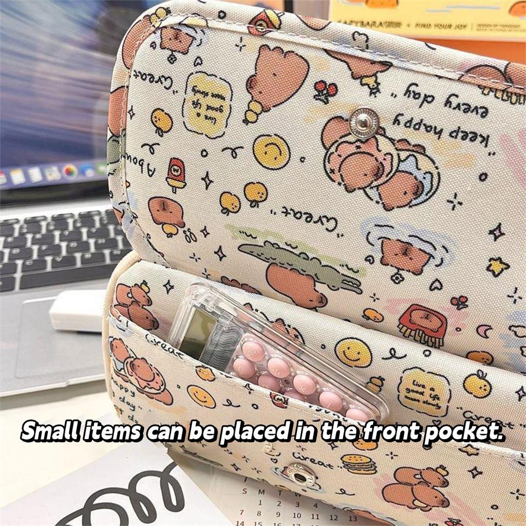 Capybara Cartoon Print Pencil Case Multi-functional INS Flip Over Pen Bag for Student Large Capacity Stationery Storage Pouch