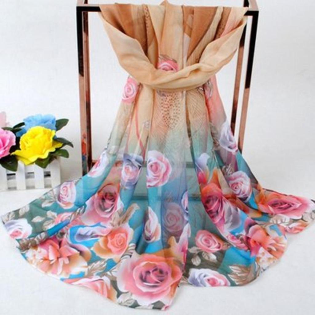 Print Floral Chiffon Scarf Shawl Women Sunscreen Simulation Silk Scarf Turban Long Wrap Beach Travel Outdoor Accessories Trendy Headband
