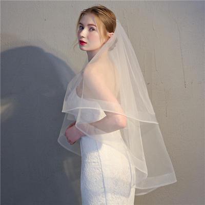 Peineta de Doble Capa Estilo Coreano Velo de Novia con Borde de Red Elástica para Sesiones de Fotos Cortas de Viaje