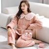 Winter medium and long coral fleece three-layer padded jacket pajamas women's fleece thickened long large lapel loungewear set