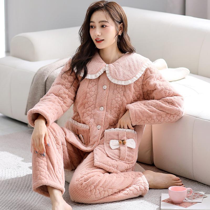 Winter medium and long coral fleece three-layer padded jacket pajamas women's fleece thickened long large lapel loungewear set