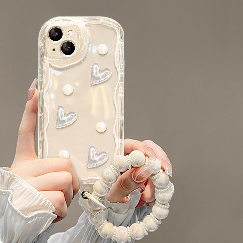 

For iPhone 15 Case 3D Heart Design TPU Phone Cover with Laser Beaded Strap Transparent