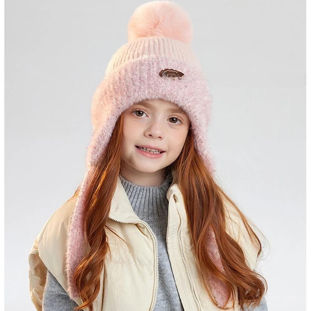 Kids Winter Knitted Earflap Hat with Pom Pom, Plush Lining and Long Ties, Warm Windproof Polyester Cap for Ages 4–10Years