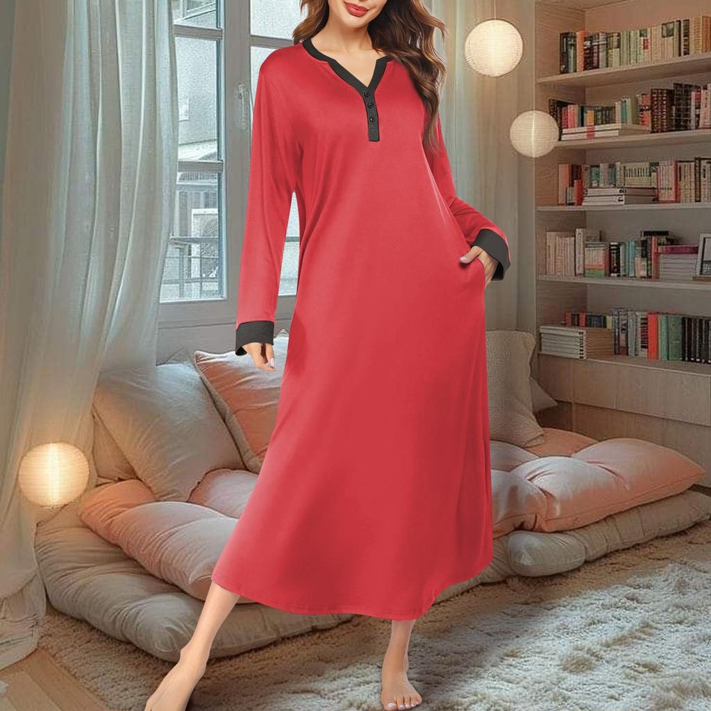 Women's Nightgown Long Housecoat V Neck Pajama Dress With Pockets