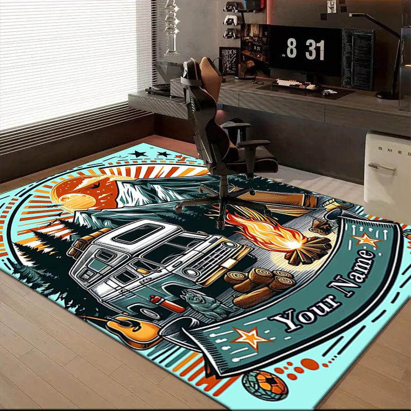 1PC Custom Name Camper Adventure Mountains Theme Floor Mat Ideal for Living Room, Game Rooms, Office, Bedroom, Floor Mat Playful Design