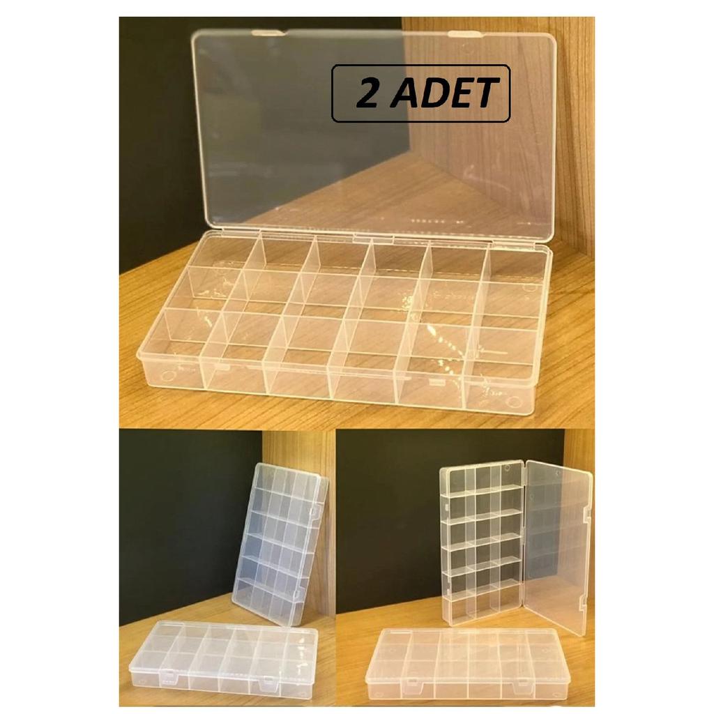 2 Stück transparente Schmuckschatulle mit 18 Fächern, Juwelierverschluss, Ring-Aufbewahrungsbox, Fischer-Materialbox