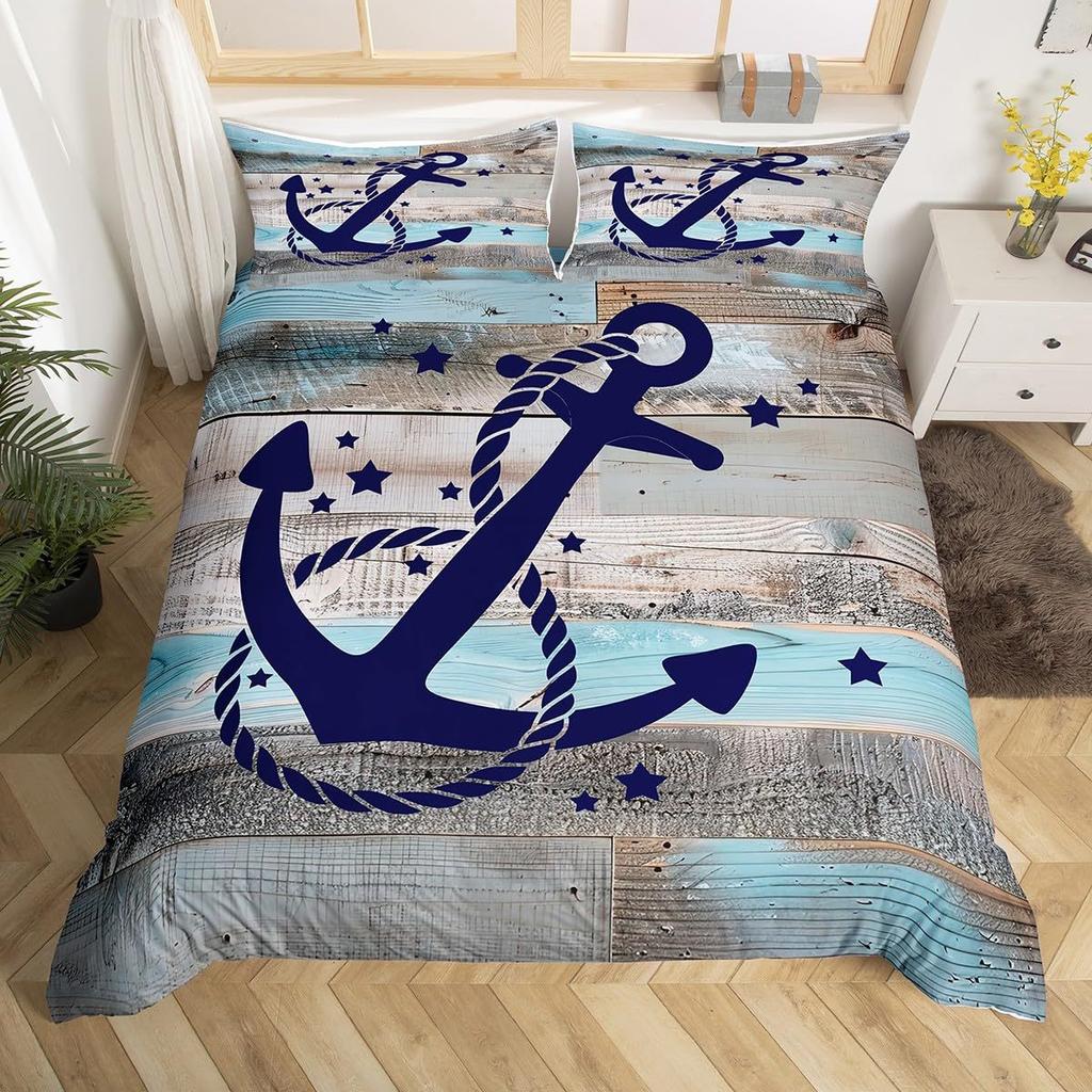 Nautical Anchor Striped Pattern Bedding Cover With Pillowcase Quilt Cover Three-Piece Duvet Cover Set