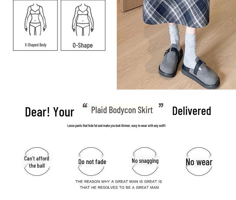 Women's Retro Wool Plaid Midi Skirt: Elastic High-Waist, Slimming A-Line with Slit, Ideal for Autumn/Winter.