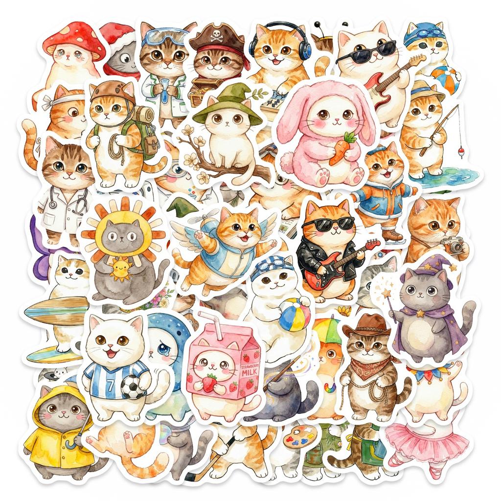 50 Hand-Painted Cartoon Cat Stickers Cute Wind Waterproof Hand Account Decorative Stickers Creative Children Stickers