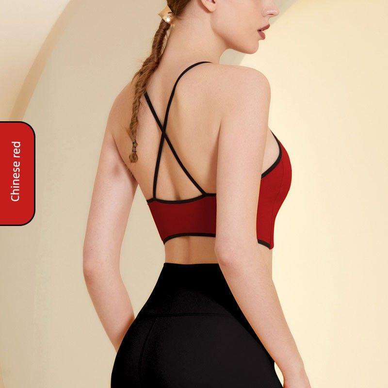 New Back Cross Beauty Back Exercise Bra Women's Sexy Workout Underwear Contrast Color Splicing Sling Thin Yoga Vest