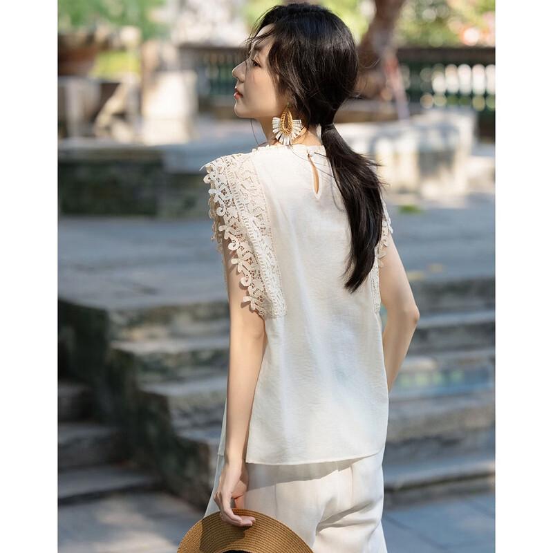 Demana Women's Linen Blend Ruffle Trim Sleeveless Blouse
