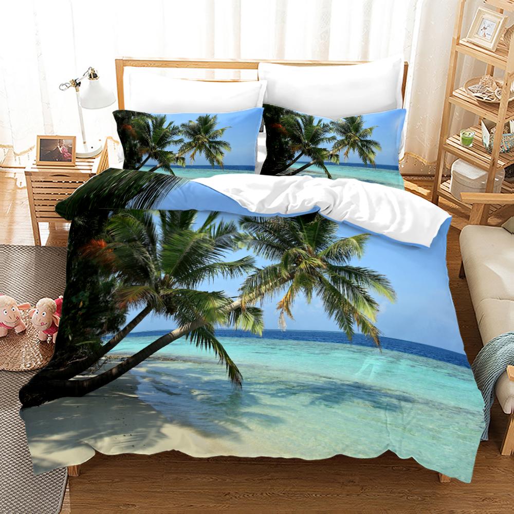 Tropical Landscape Polyester Duvet Cover Sets King Full With Pillowcase Coconut Trees Sea Sunset Natural View Large Sun Pattern