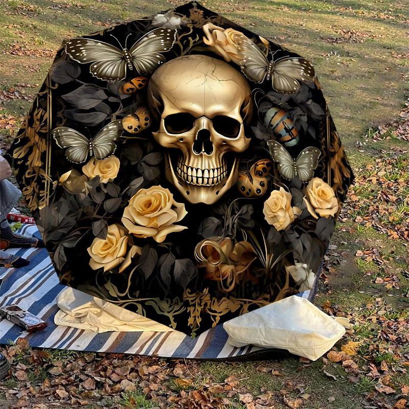 1PC Skull Flowers Umbrella-8-Rib Reinforced, Automatic Open, Lightweight & Durable, Fashion Accessory for Outdoor-D318