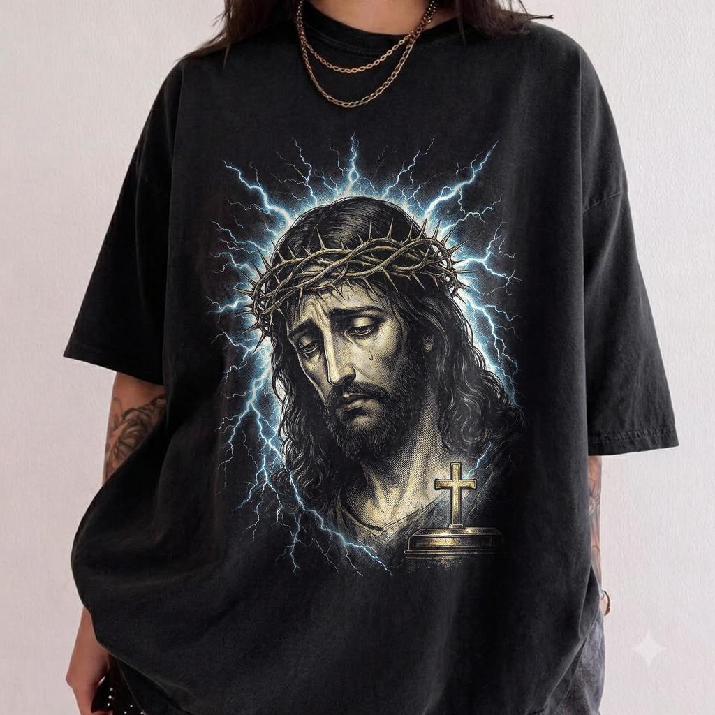 Vintage Christian Shirt, 90s Jesus Lightning Graphic Tee, Retro Comfort Colors Streetwear, Oversized Y2K Faith Top, Religious Gift