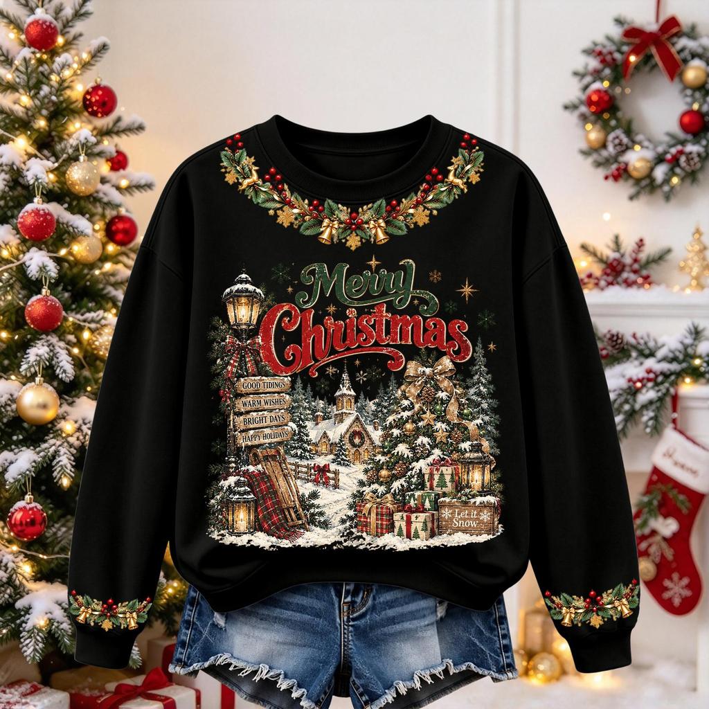 Women's Christmas Print Long Sleeve Top Casual Comfortable Fall Winter Shirt