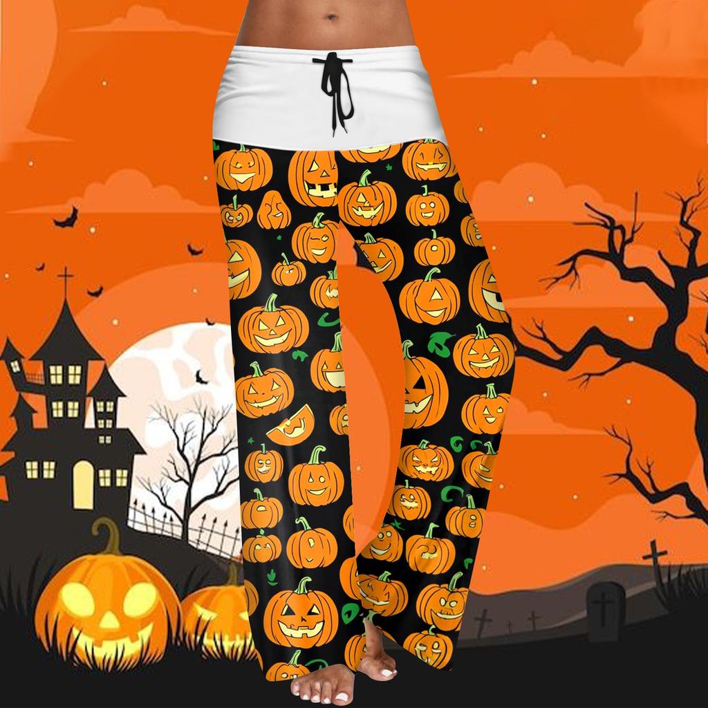 Women's Drawstring Elastic Waistband Wide Leg Color Matching Halloween Printed Casual Pants
