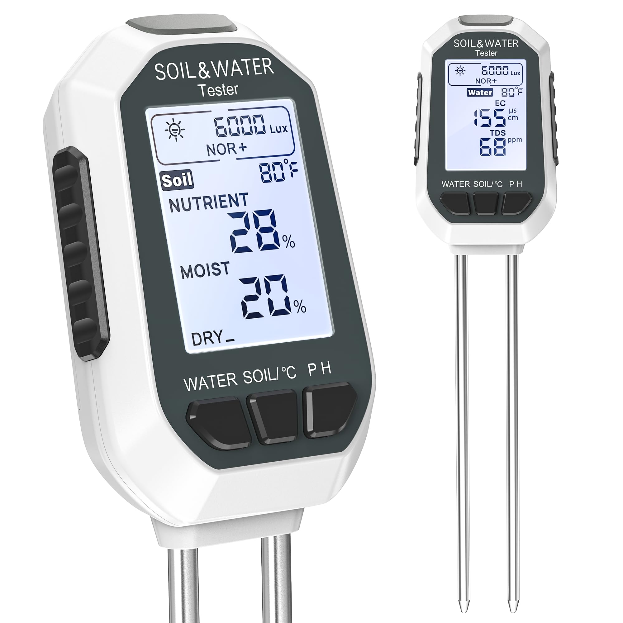 

7-in-1 Soil & Water Meter Digital Plant Temperature/Soil Moisture/pH Meter/Light Intensity/Fertility/EC/TDS with Backlit LCD Display