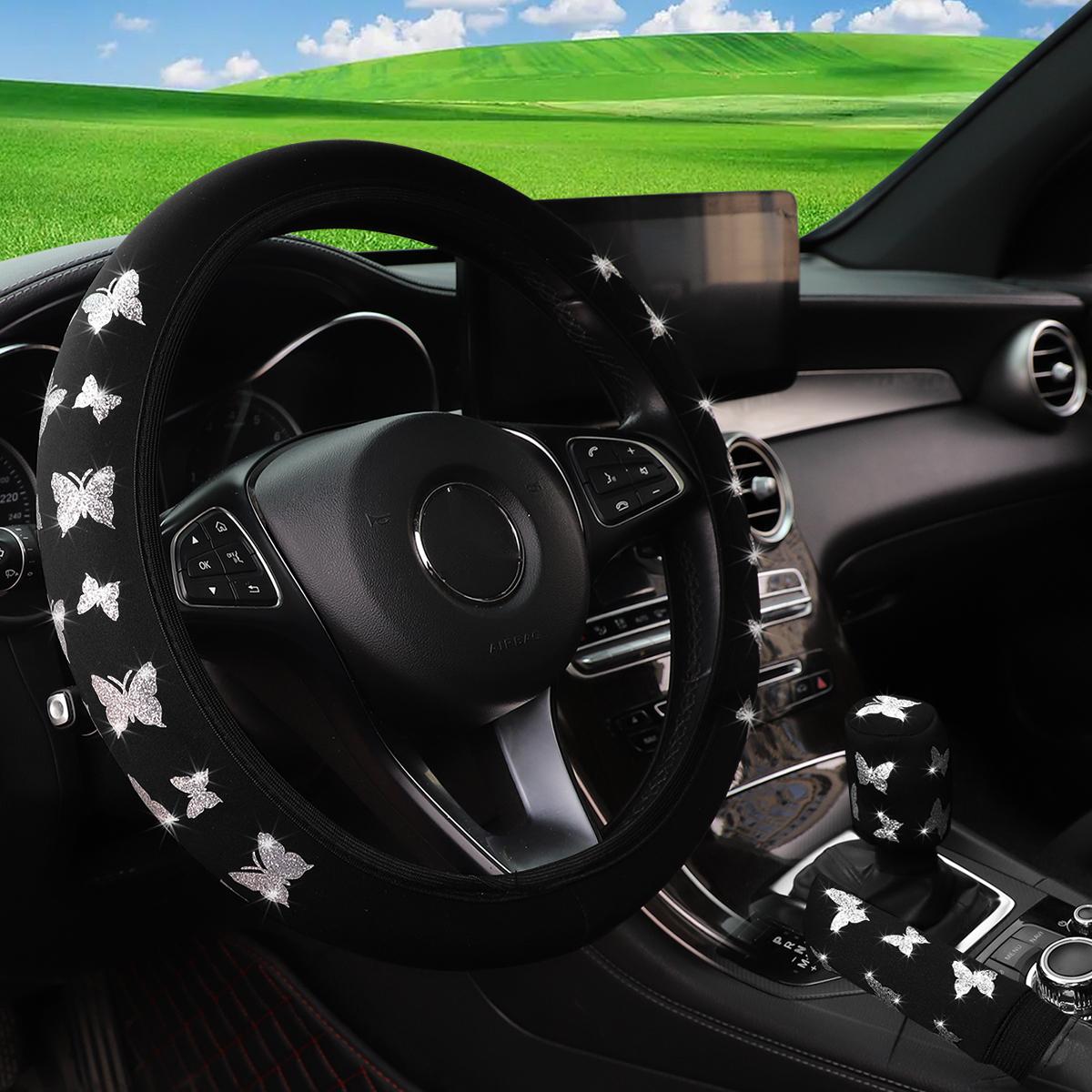 

3 шт. Блискуча накладка на кермо автомобіля у вигляді метелика без внутрішнього кільця, накладка на ручник, накладка на важіль перемикання передач, декоративні елементи для автомобіля срібний
