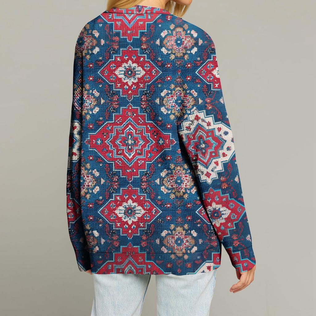 Women's Fashion Long Sleeve Print V-Neck Button Loose Cardigan Top