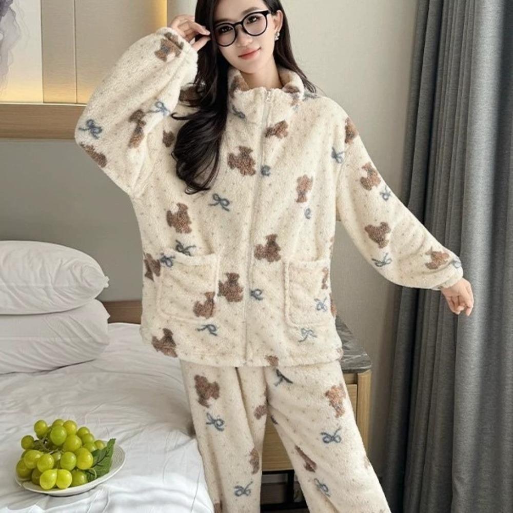 **Kadın Flanel Pijama Takımı Yuvarlak Yaka Jakarlı Uzun Peluş Kalın Sıcak Ev Giyimi**