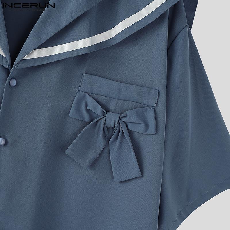 INCERUN Oversized Men Naval Collar Short Sleeve Stitching Casual Loose Shirts Tops